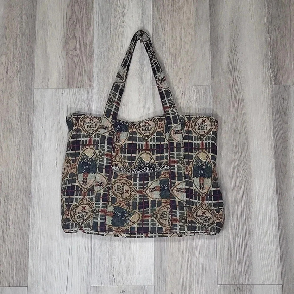🛍Handmade Tapestry Golf Theme Zippered Tote‎ Shoulder Bag - Picture 1 of 8